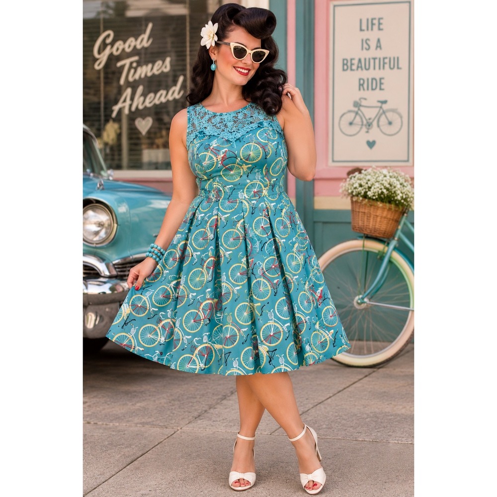 Tatyana Cruiser Bicycle Wheel Swing Dress Lace Yoke Fit Flare Dress Pin Up 2XL